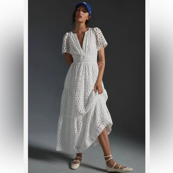 Anthropologie Somerset tiered maxi dress in white eyelet cottage core sz Large - Picture 4 of 16